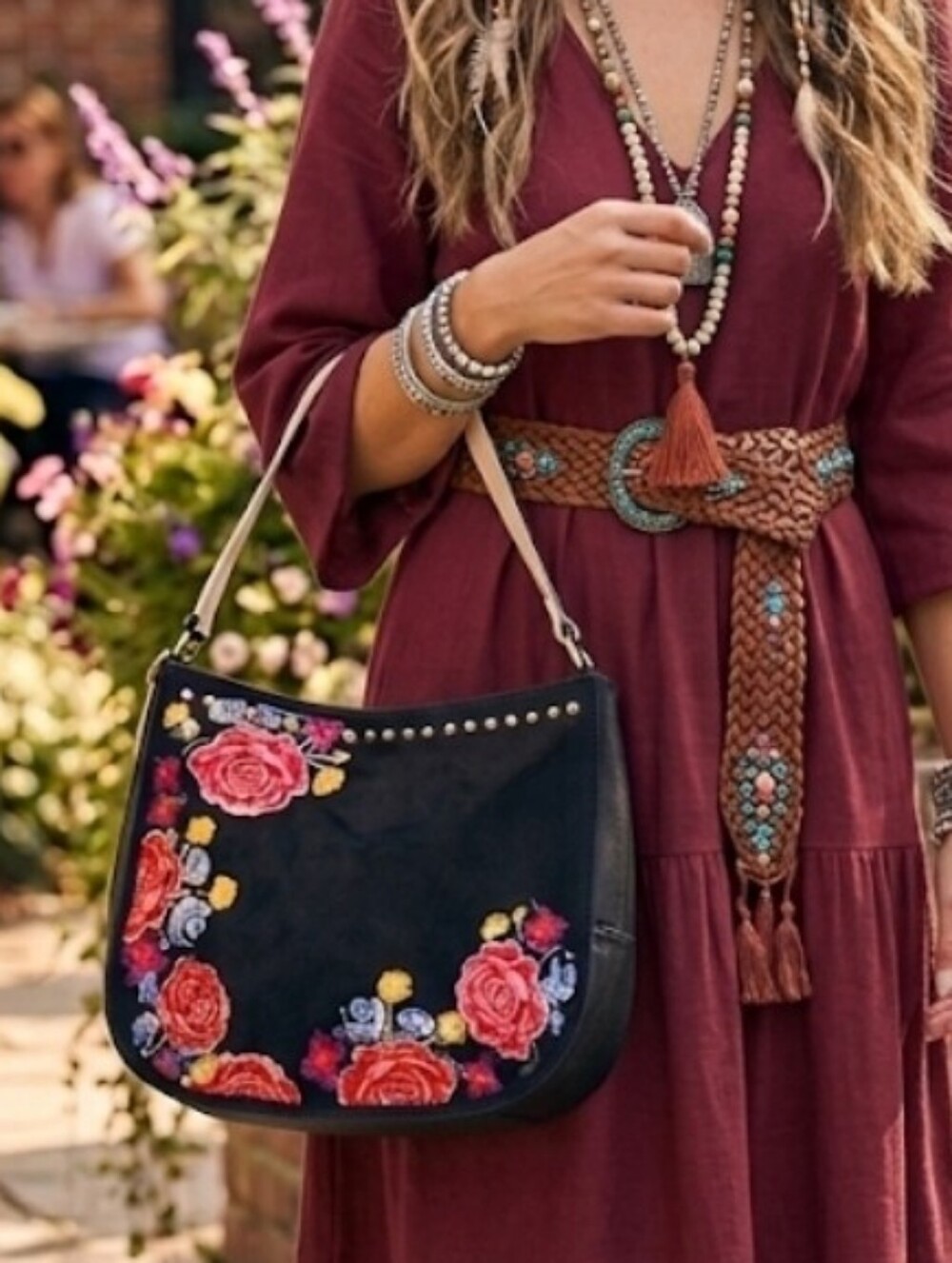 NWT River Island Black Suede Floral Embroidered Shoulder Bag